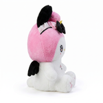 Pink plush character with big blue eyes, side view