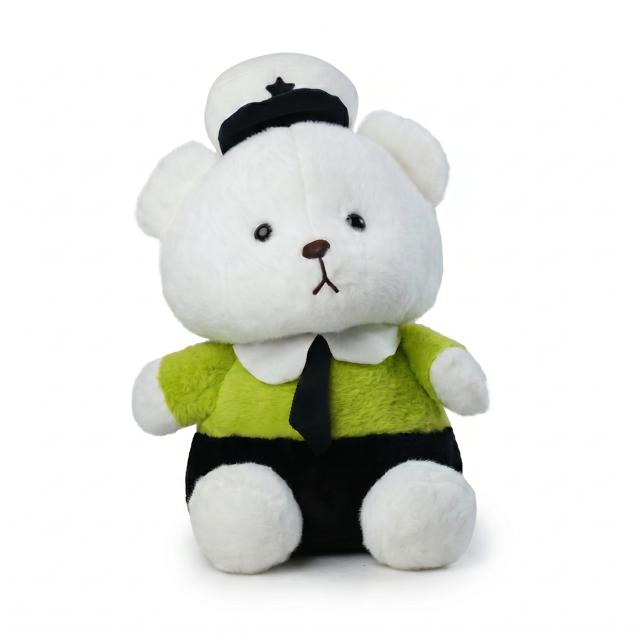 White teddy bear plush in green sailor outfit and cap