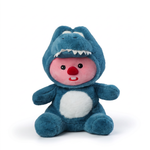 Plush character in blue dinosaur costume with pink face