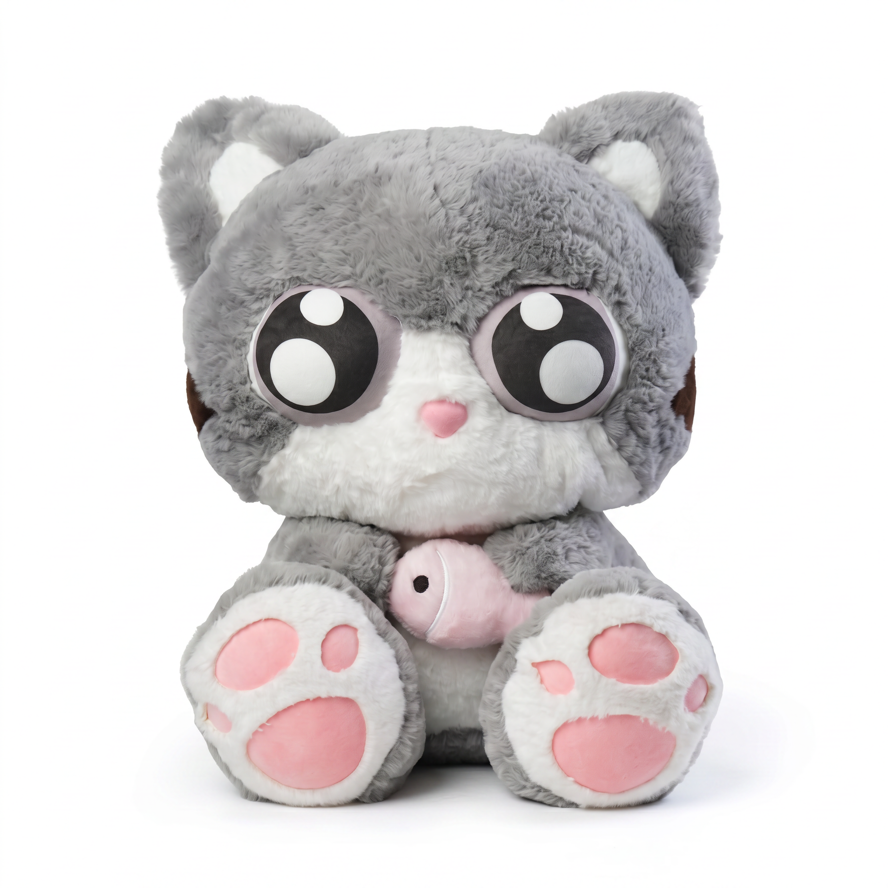 Large grey cat plush with big eyes holding a pink fish