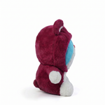 Pink bear plush wearing a blue cat costume, side view