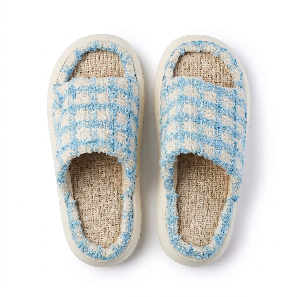 Blue gingham linen slide slippers