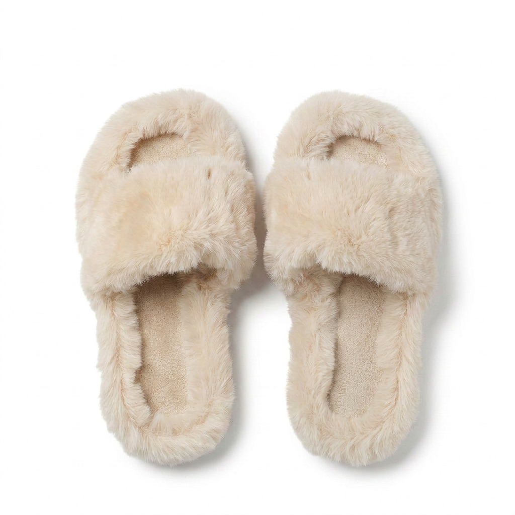 Cream fluffy faux fur open-toe slide slippers