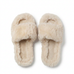 Cream fluffy faux fur open-toe slide slippers