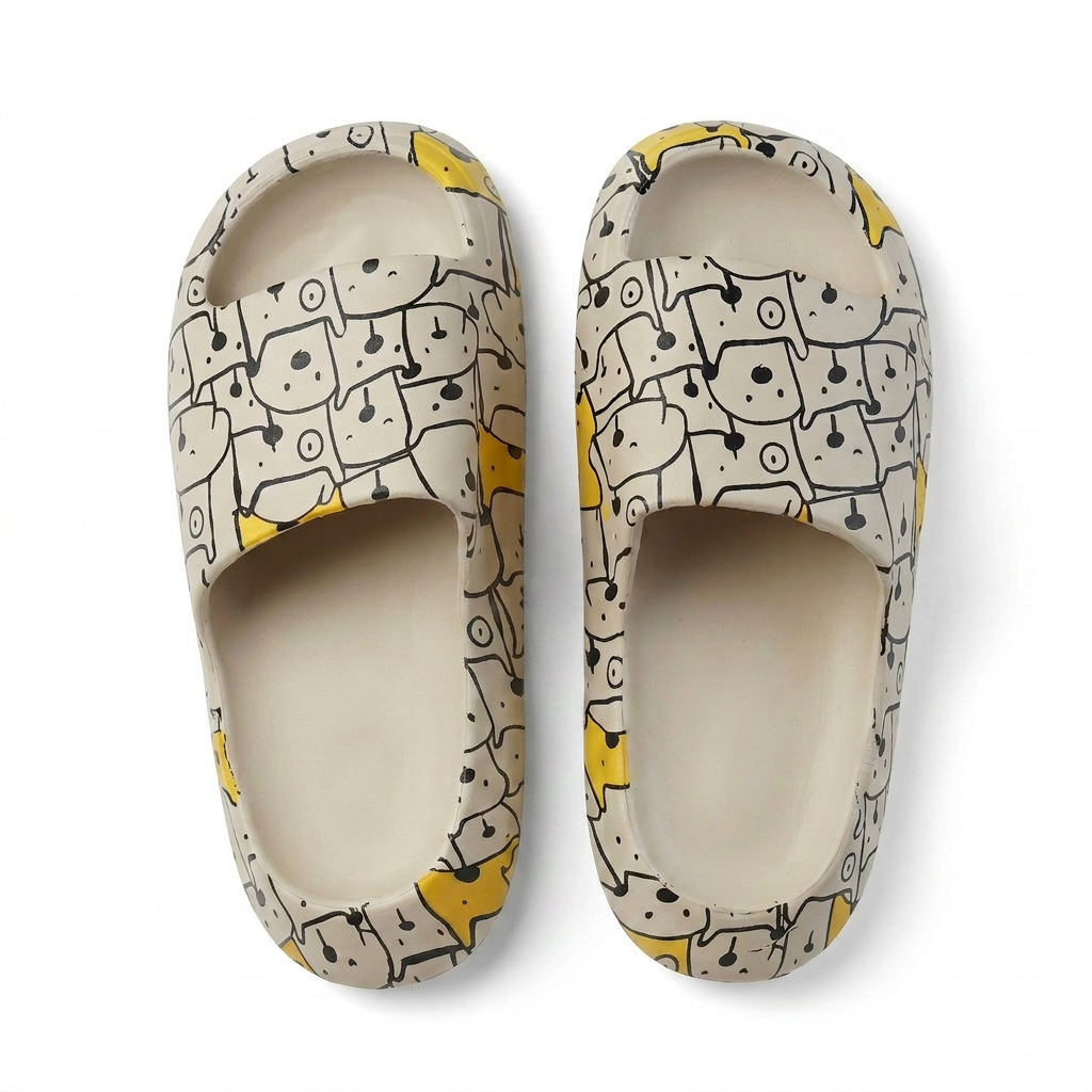 Cream EVA slide slippers with cat-face all-over print