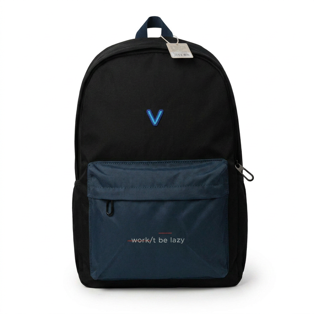 Black backpack with navy front pocket and embroidered V emblem