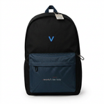 Black backpack with navy front pocket and embroidered V emblem