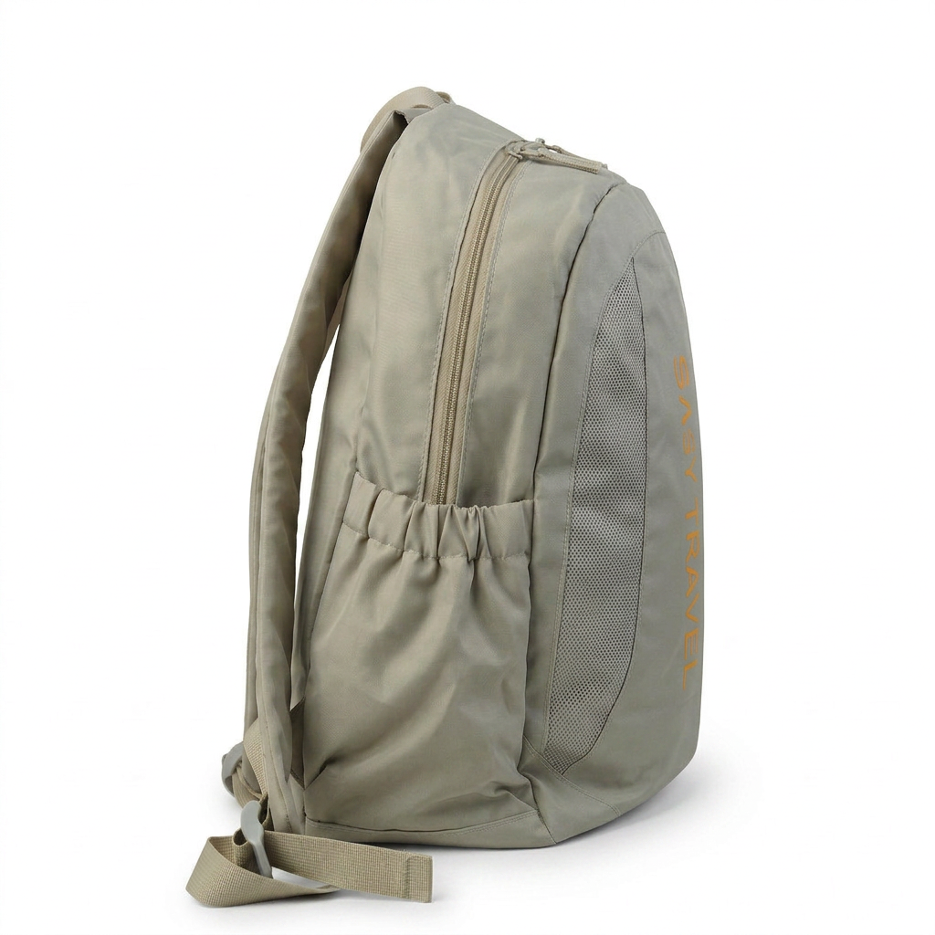 Sage green canvas backpack with drawstring side panels