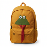 Mustard yellow kids backpack with frog face and red tie applique