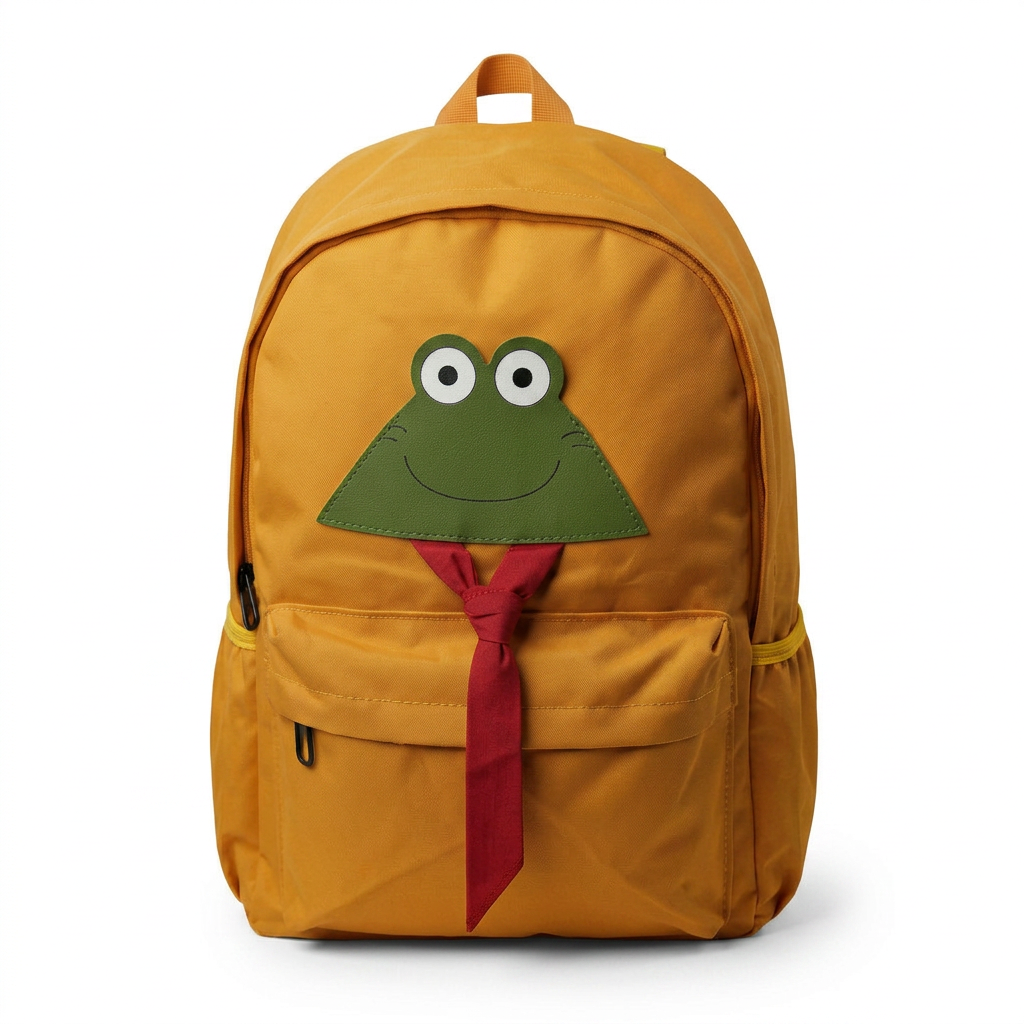 Mustard yellow kids backpack with frog face and red tie applique