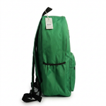 Green canvas school backpack with black trim