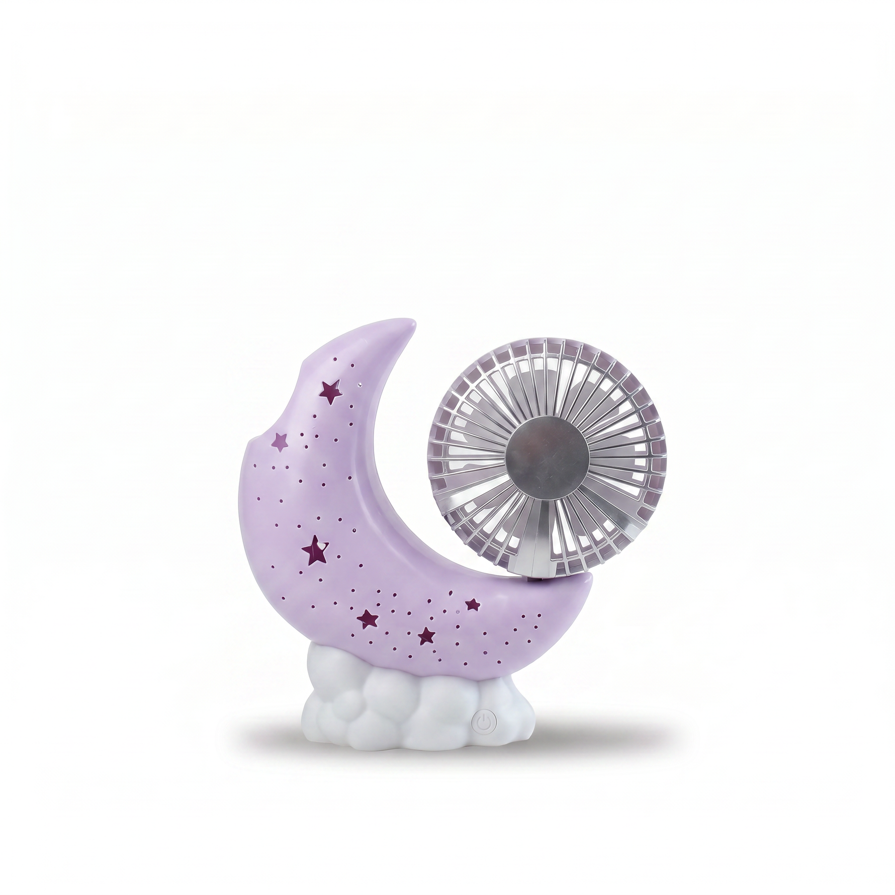 Purple crescent moon night light with side-mount mini fan