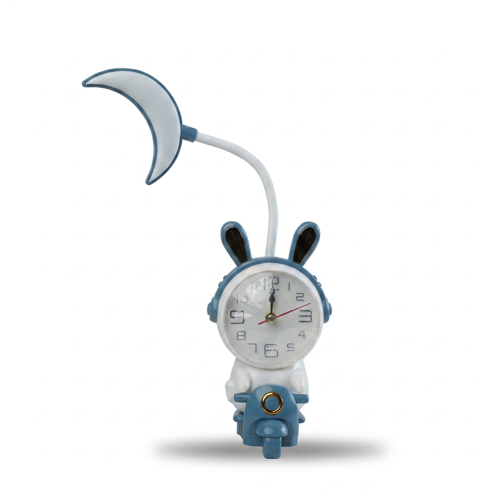 Blue astronaut rabbit alarm clock with crescent moon lamp