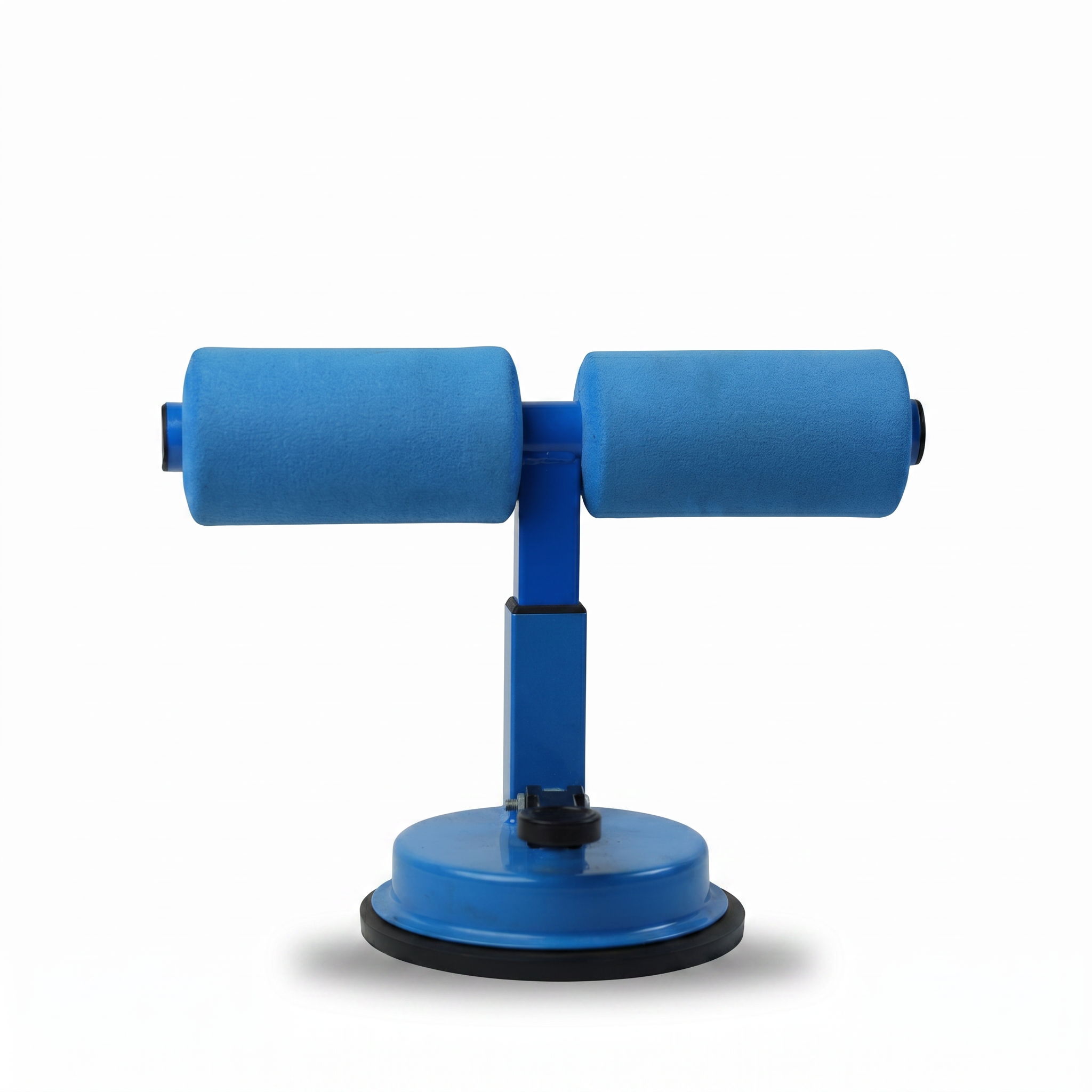Blue sit-up bar with suction-cup base and padded leg rollers