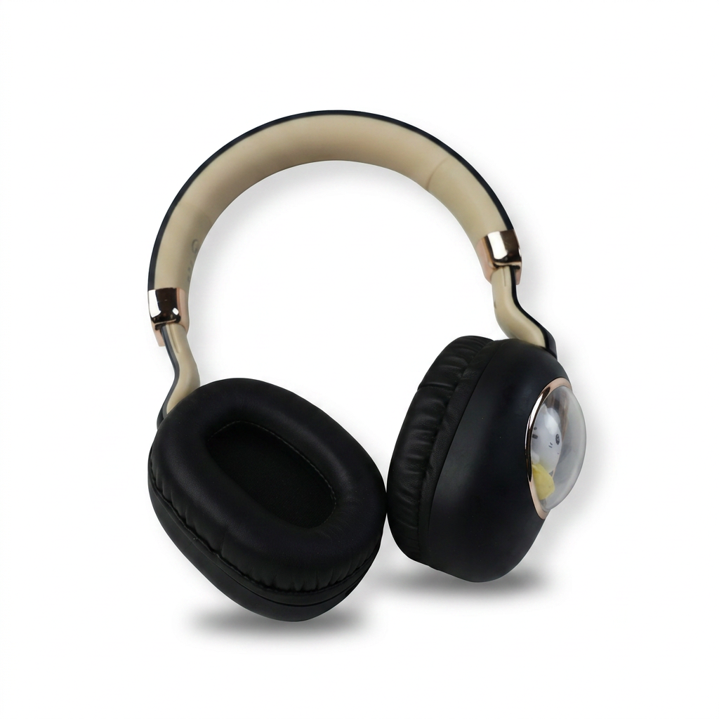 CA-037 black over-ear bluetooth headphones with cream interior
