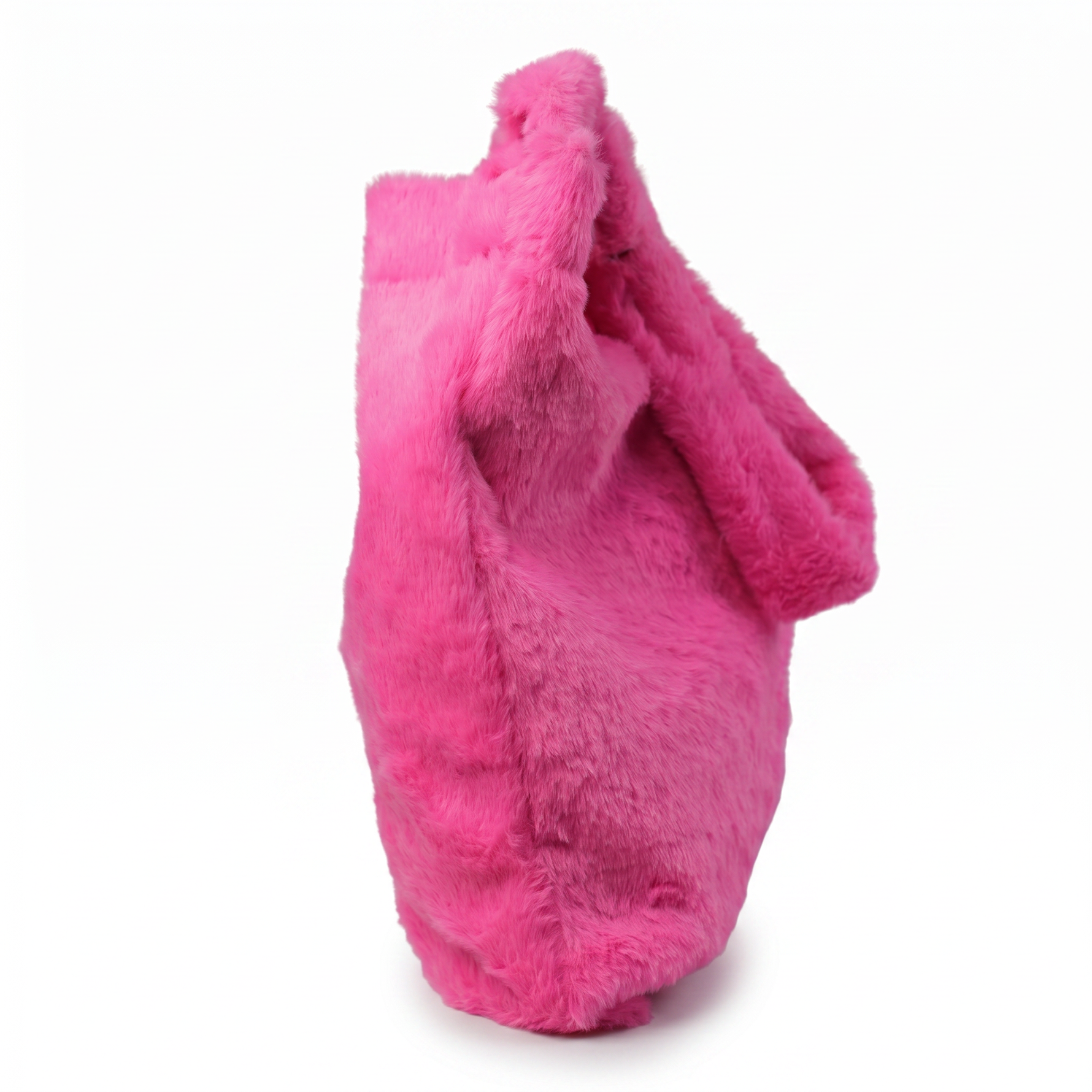 Hot pink faux fur tote bag — side view