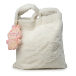 Cream faux fur tote bag with plush bunny charm — front view