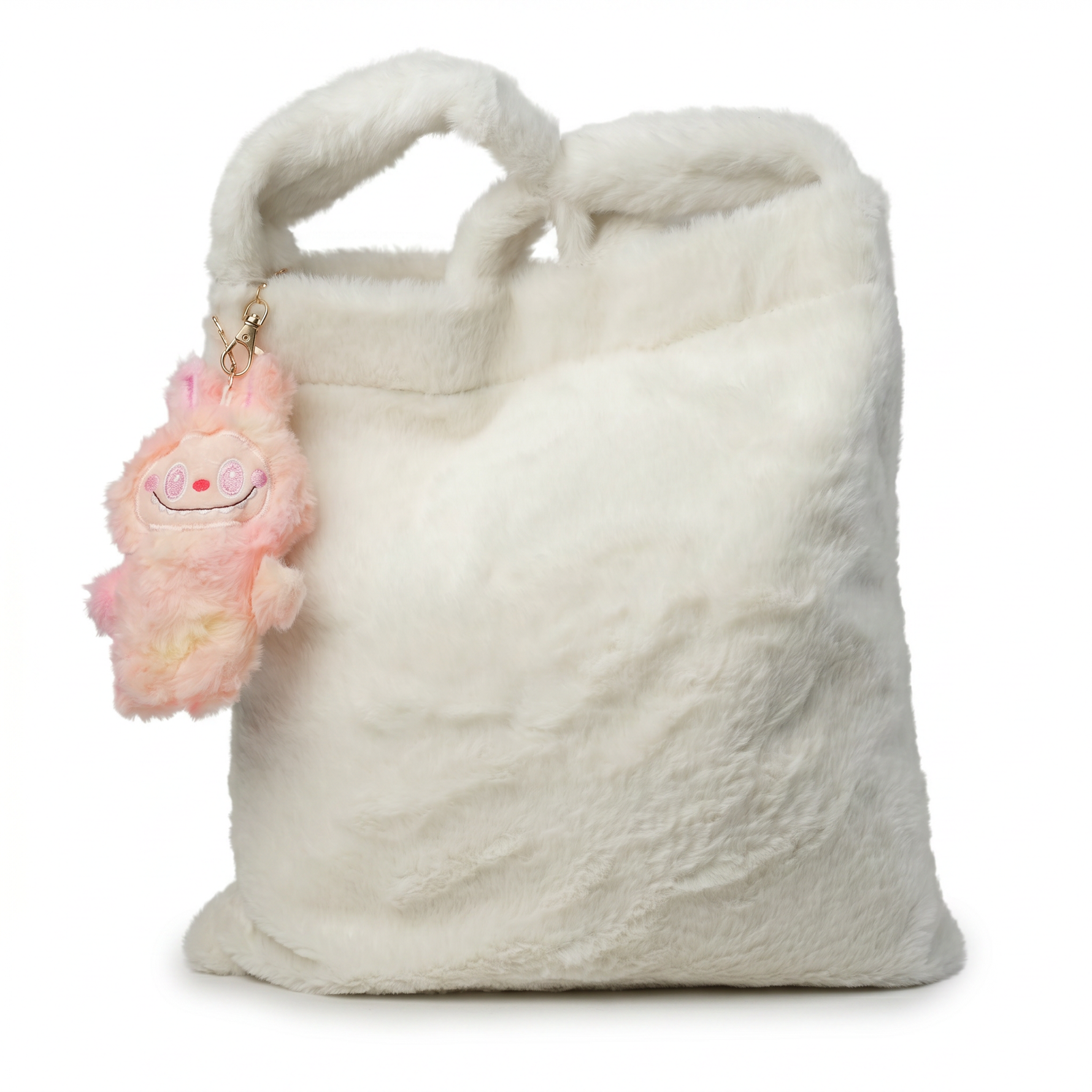 Cream faux fur tote bag with plush bunny charm — front view