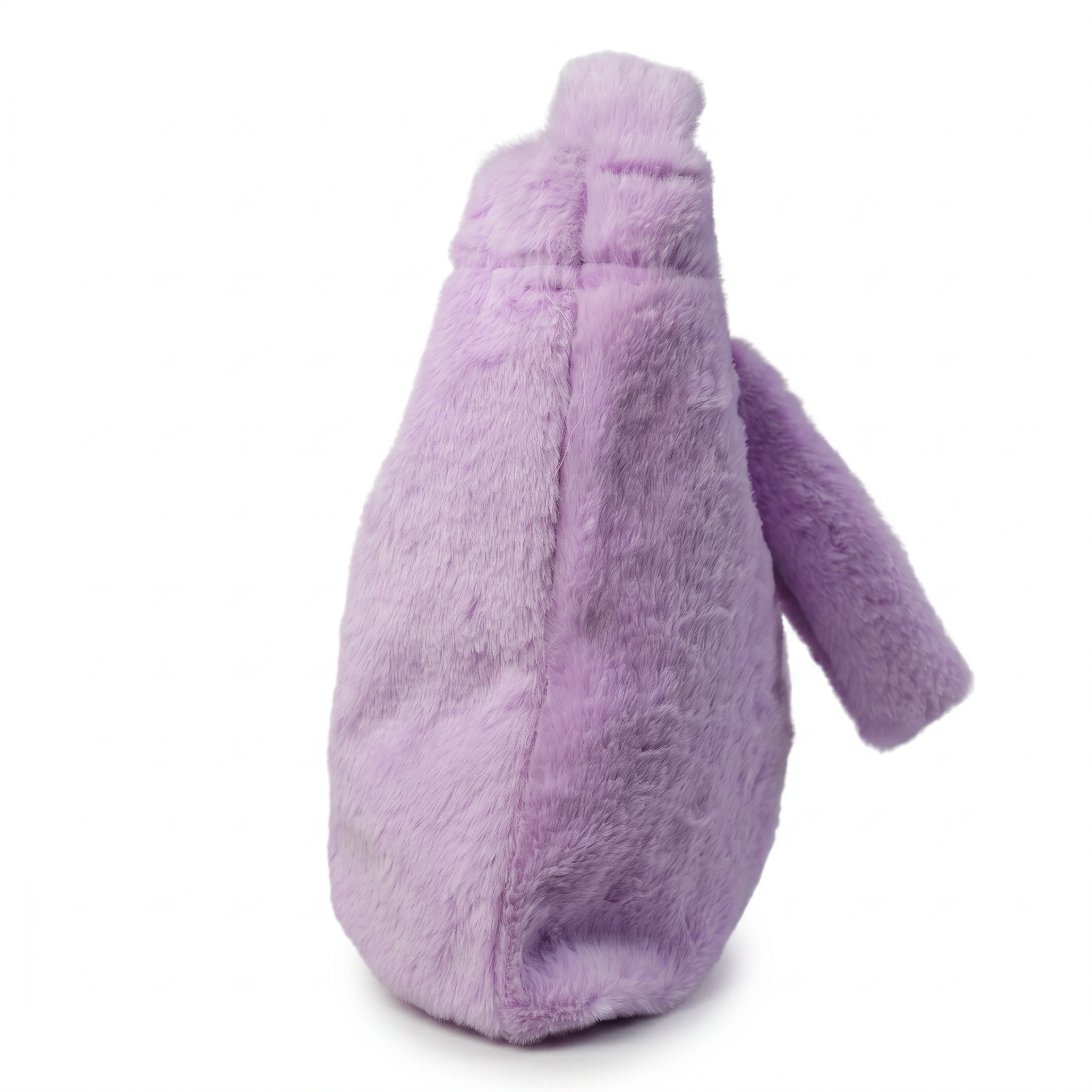 Lilac faux fur tote bag with plush bunny charm — front view