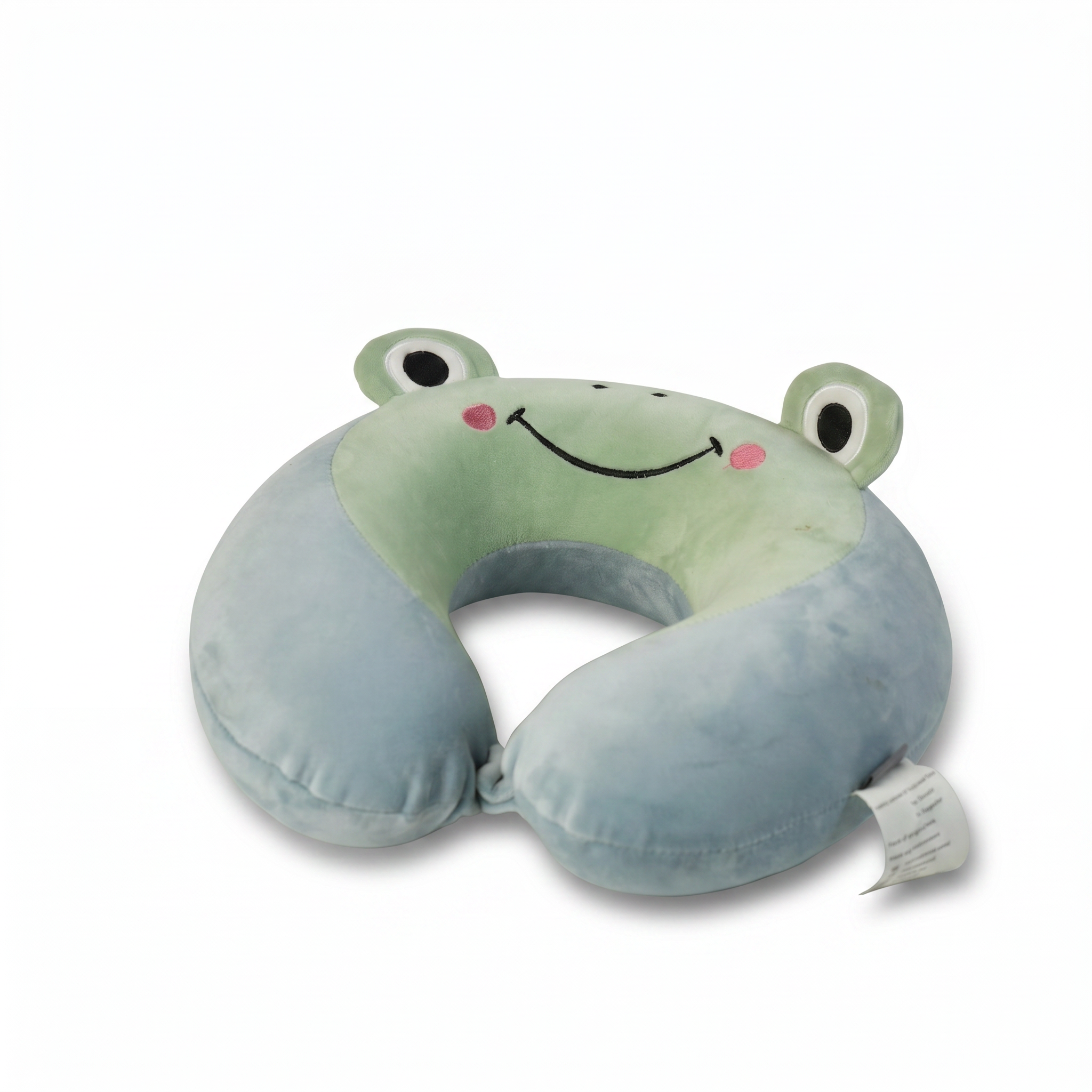 Light blue U-shape travel pillow with embroidered frog face