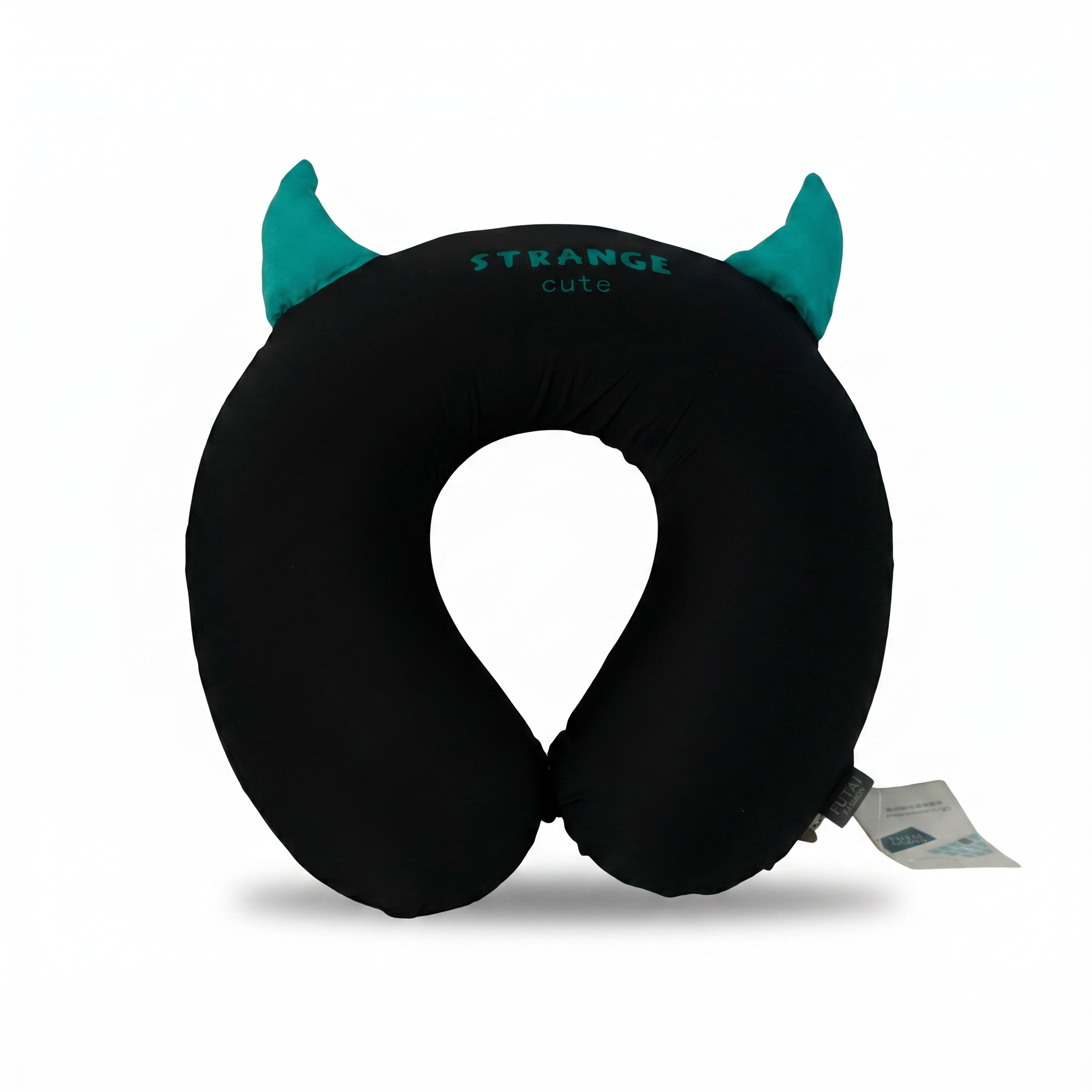 Black travel neck pillow with teal devil horns and Strange cute text