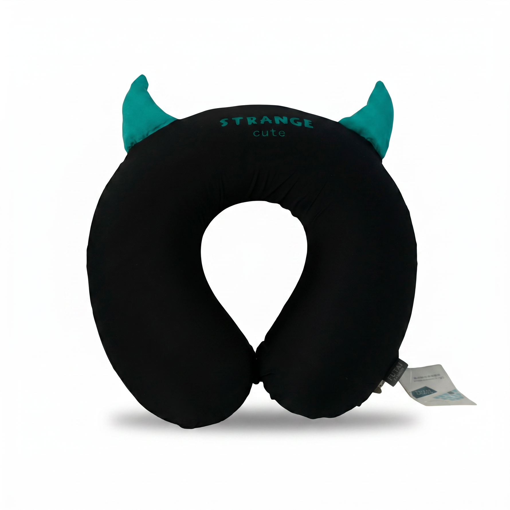 Black travel neck pillow with teal devil horns and Strange cute text