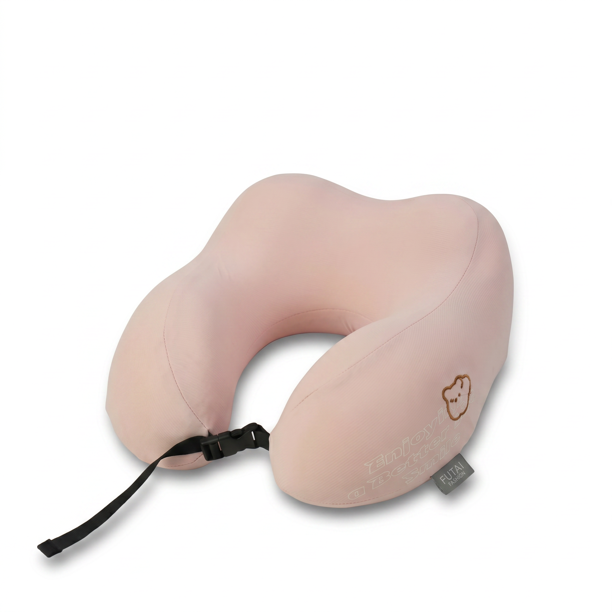 Pink memory-foam travel neck pillow with bear logo and adjustable strap