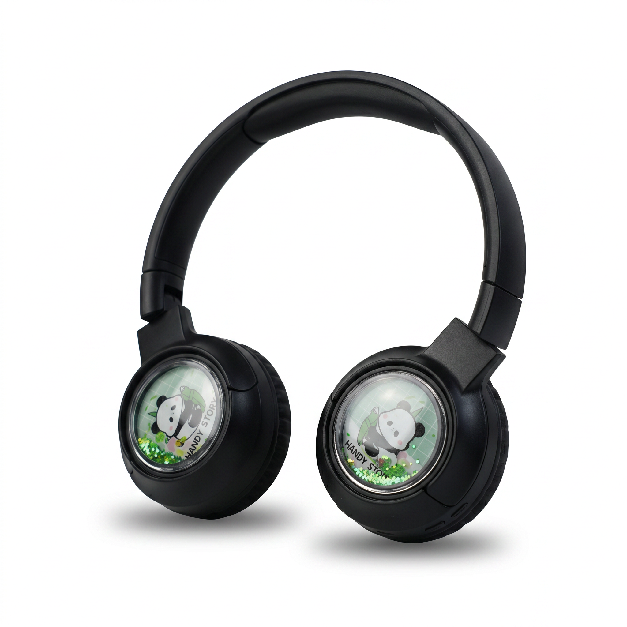 CA-049 black bluetooth headphones with panda glitter-globe decor on ear cups