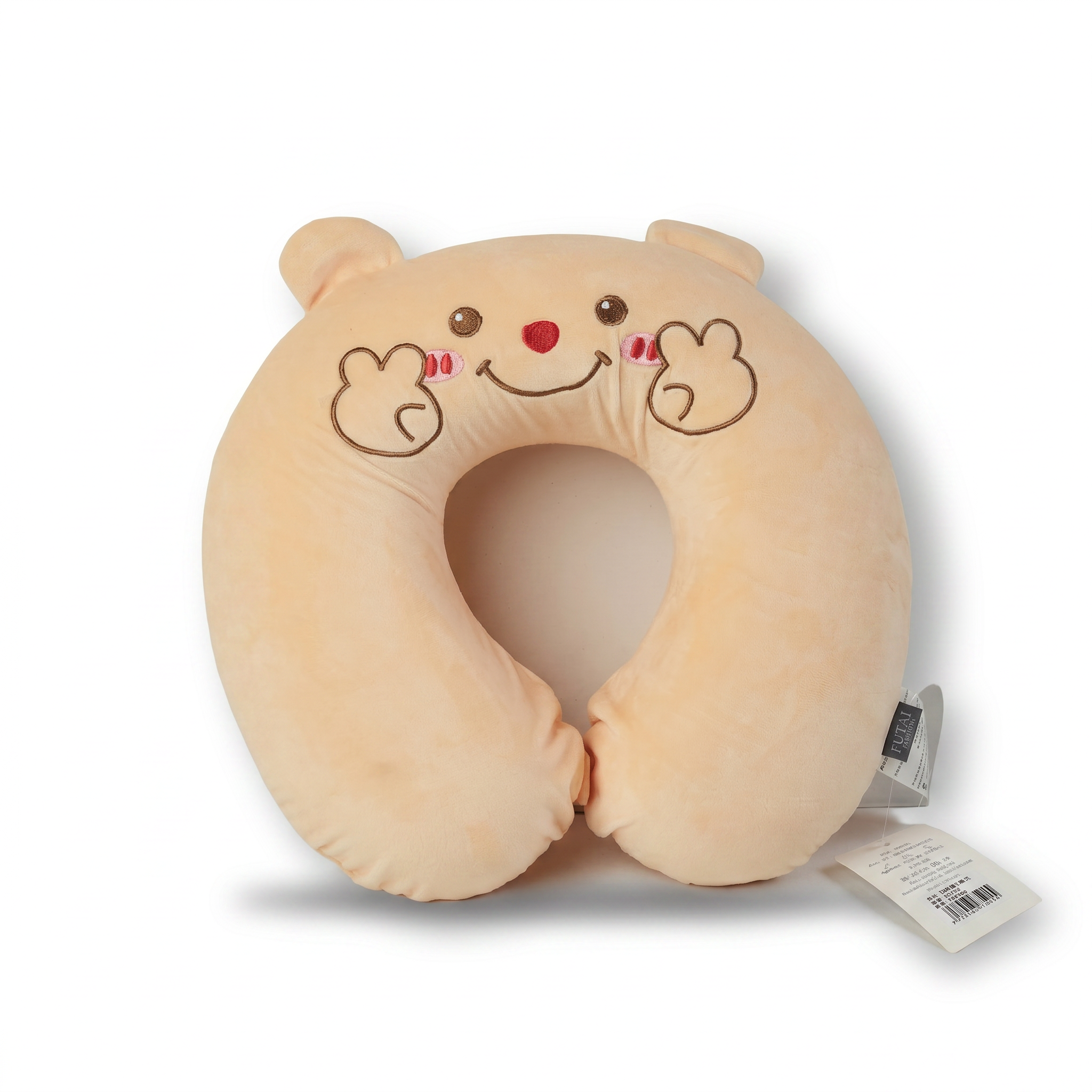 Beige plush travel neck pillow with embroidered bear face