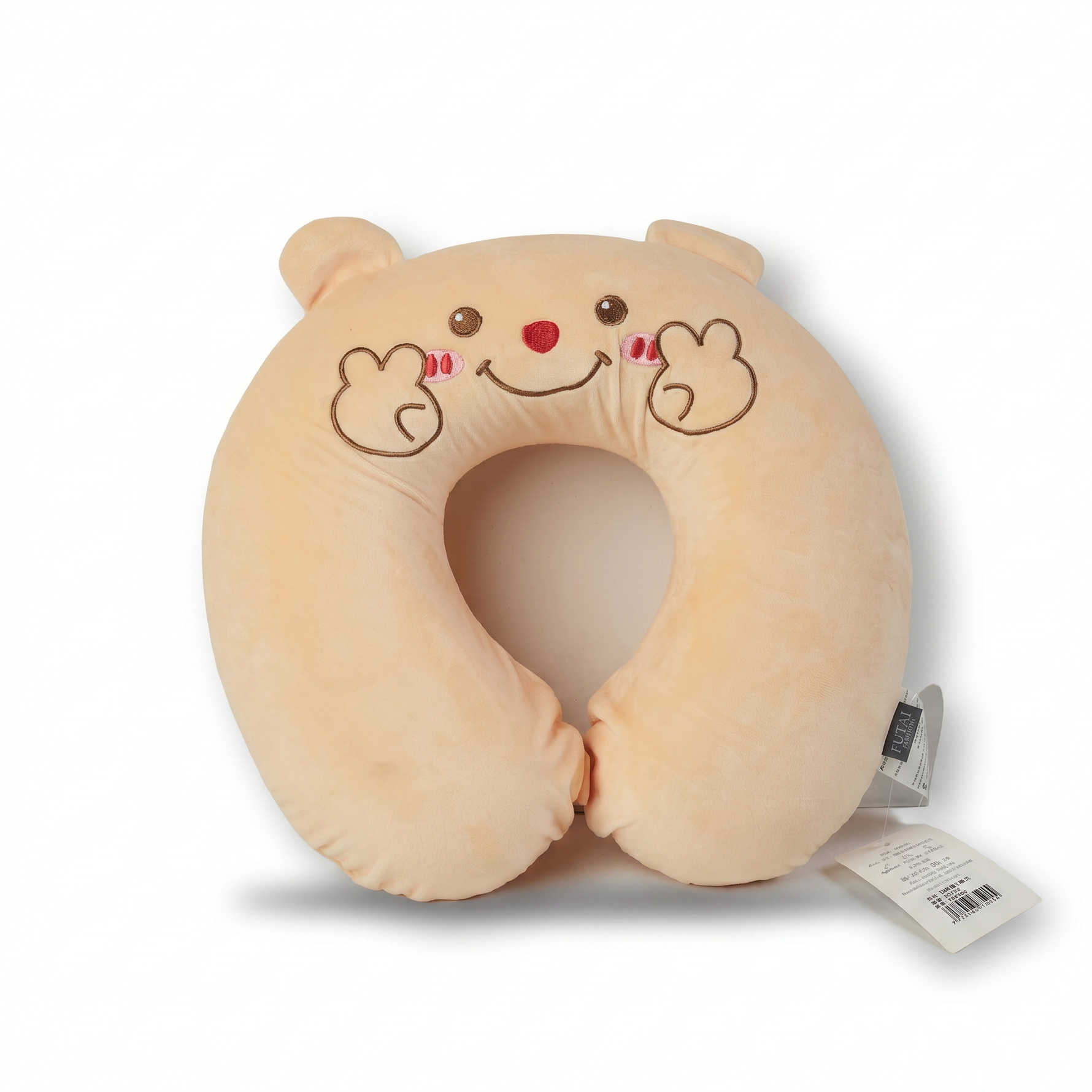 Beige plush travel neck pillow with embroidered bear face