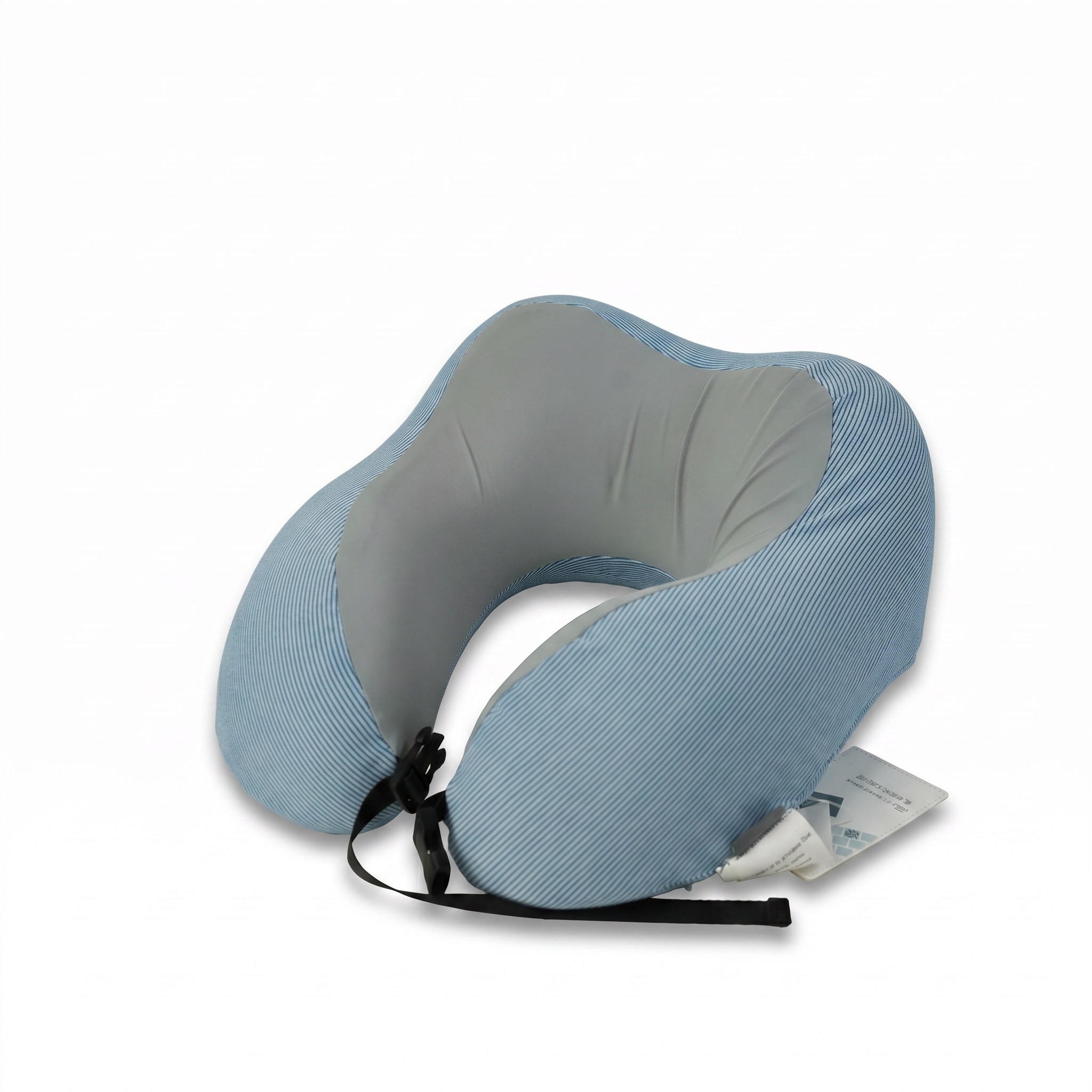 Blue and grey contoured memory-foam travel neck pillow with strap
