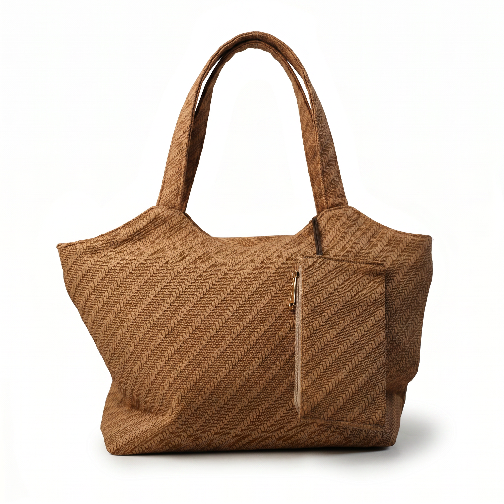 Tan woven tote with front zip pocket
