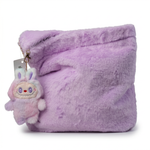 Lilac faux fur tote bag with plush bunny charm — front view