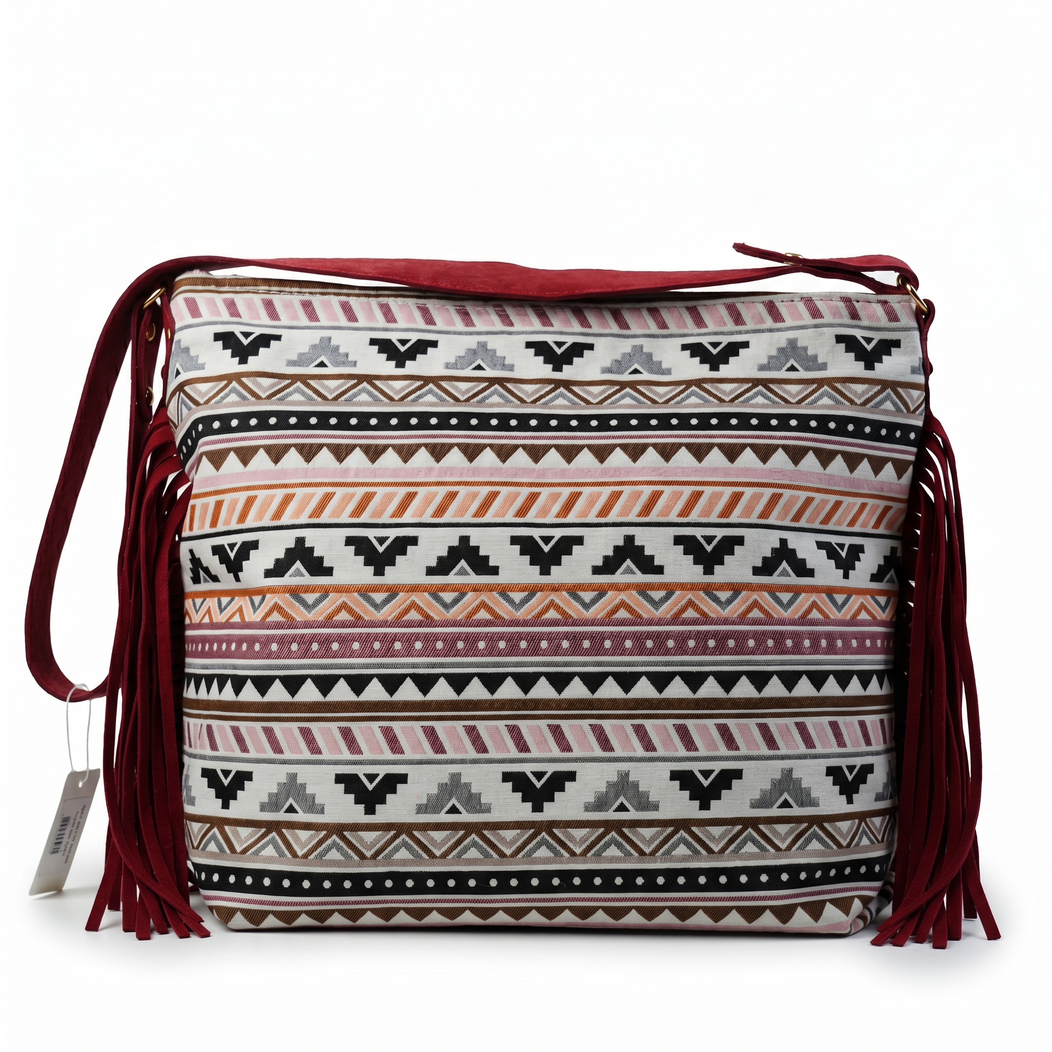 Aztec crossbody bag, burgundy fringe — front