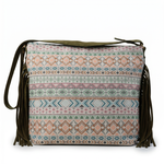 Aztec crossbody bag, olive fringe, pastel pattern — front
