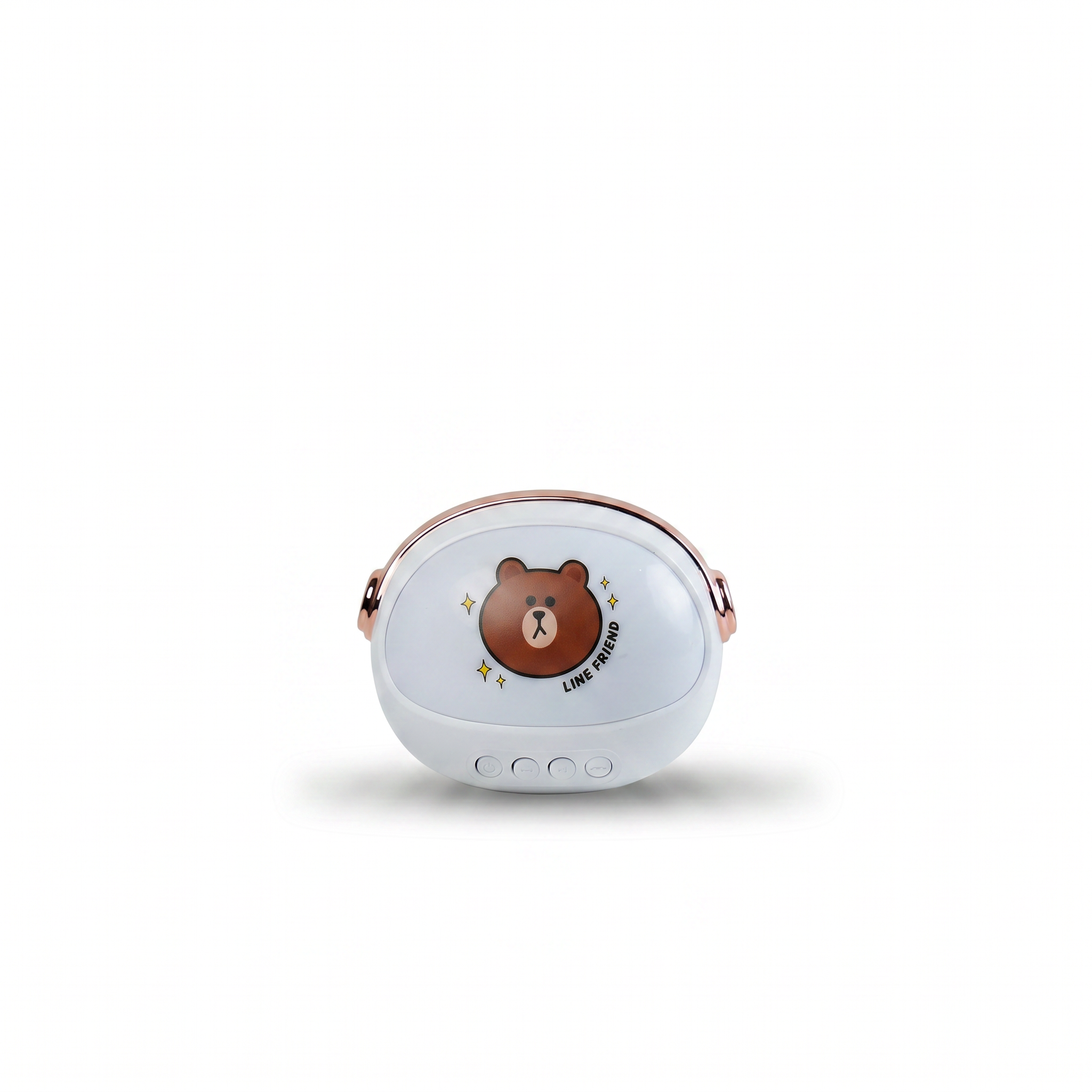 White mini bluetooth speaker with brown bear character on front