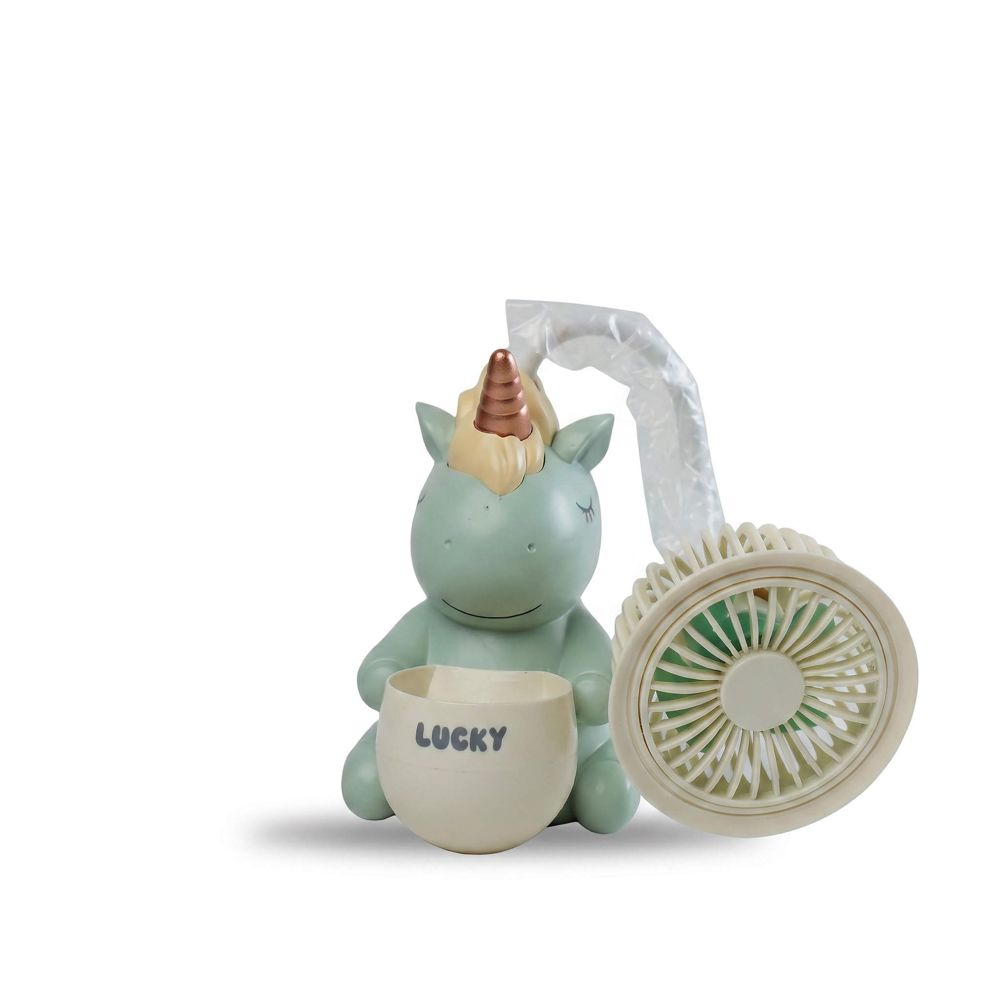 Mint green unicorn character mini fan with Lucky pen cup