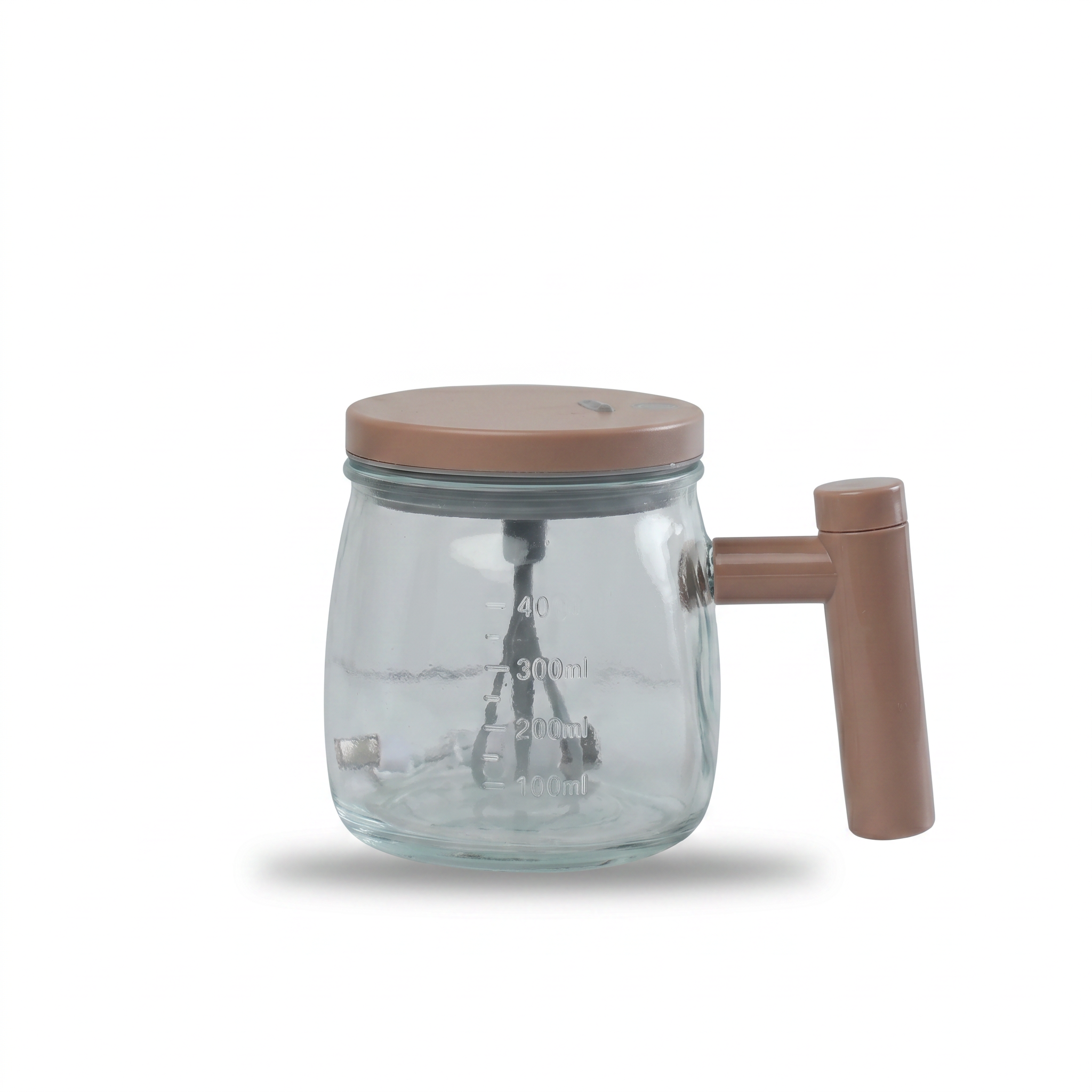 Clear glass self-stirring USB mug with tan handle