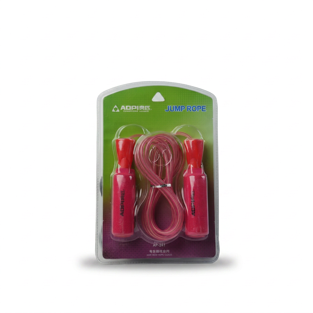 Pink AOPI skipping rope in retail packaging