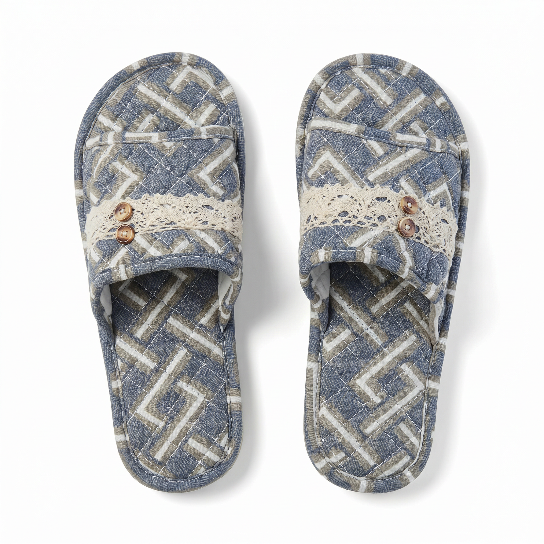 Quilted Tropical-Leaf Print House Slippers with Crochet Trim — additional view 3