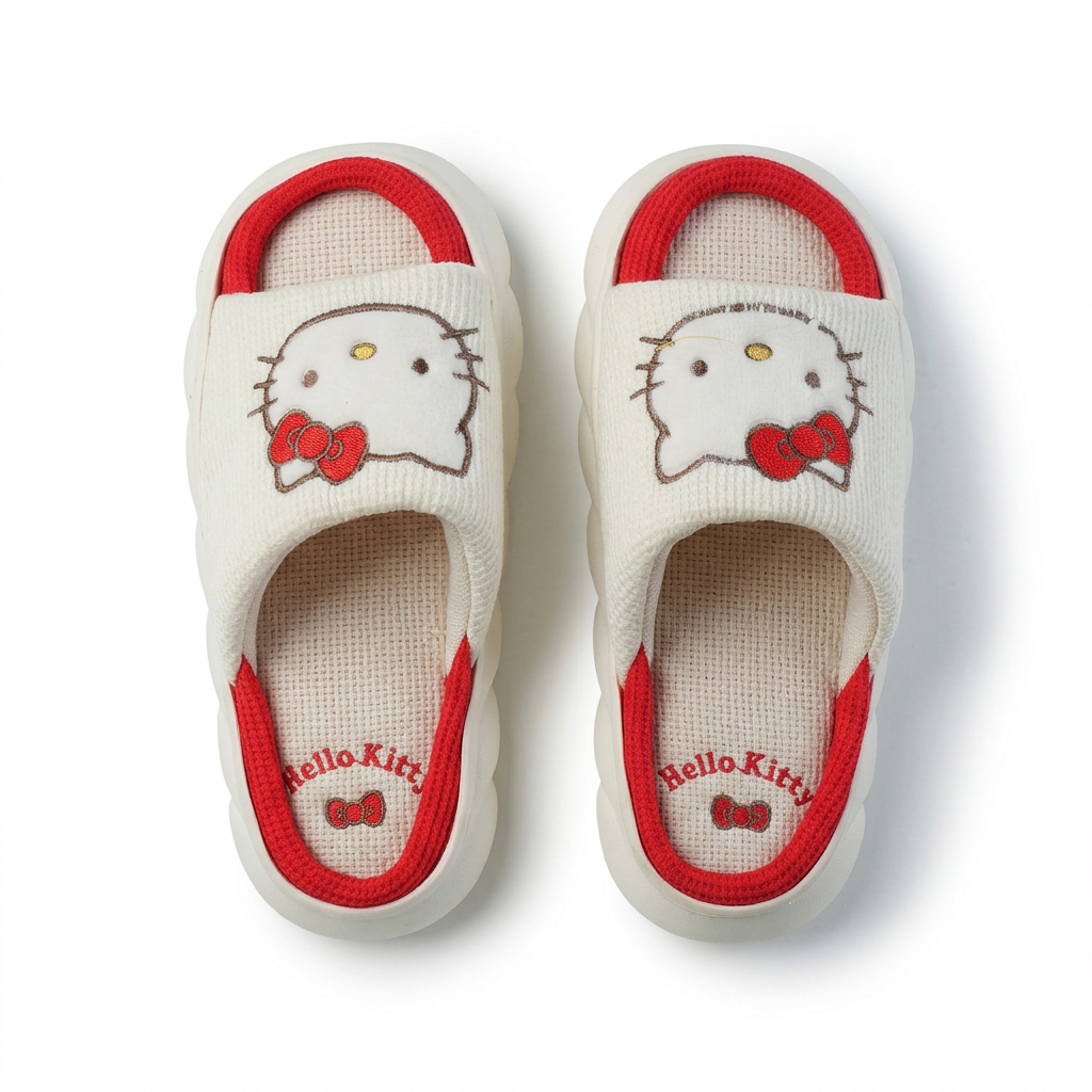 Cream and red cat-face slide slippers