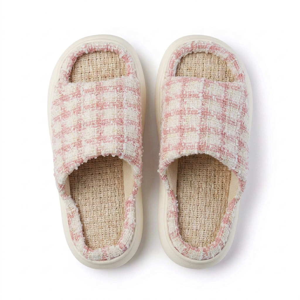 Gingham Linen-Footbed Slide Slippers — Blue Check — additional view 2