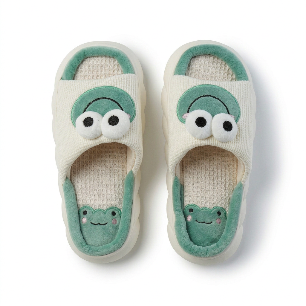 Cream and green frog-face cushion slide slippers