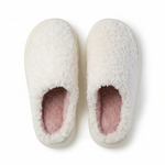 Cream sherpa mule bedroom slippers with pink fleece lining