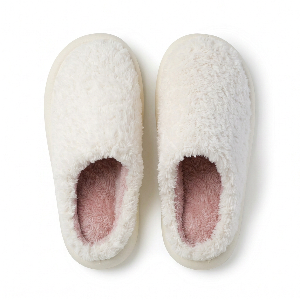 Cream sherpa mule bedroom slippers with pink fleece lining