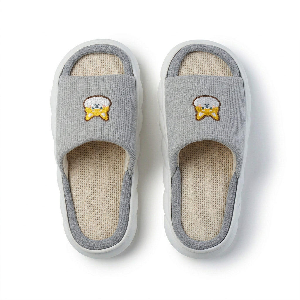 Grey ribbed slide slippers with embroidered chick face
