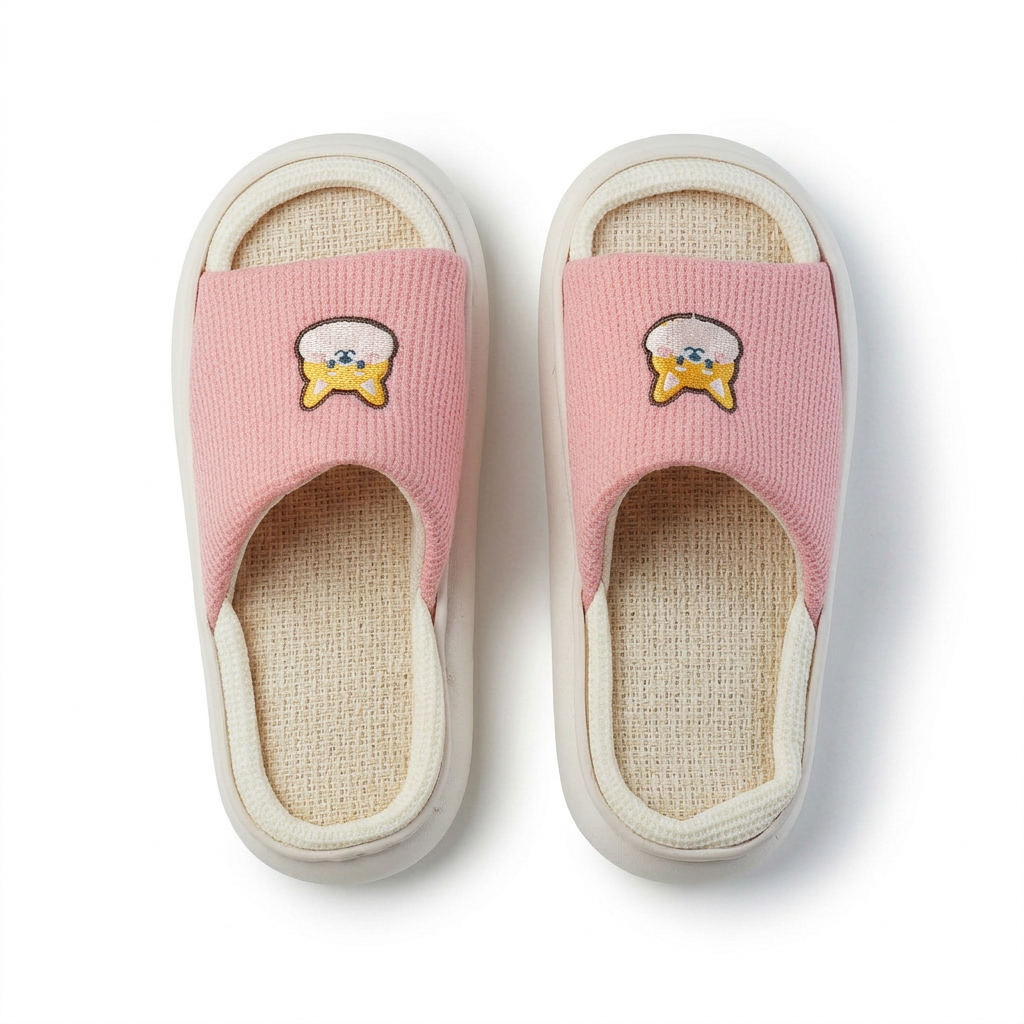 Ribbed Fabric Slide Slippers with Chick-Face Applique — Grey — additional view 2