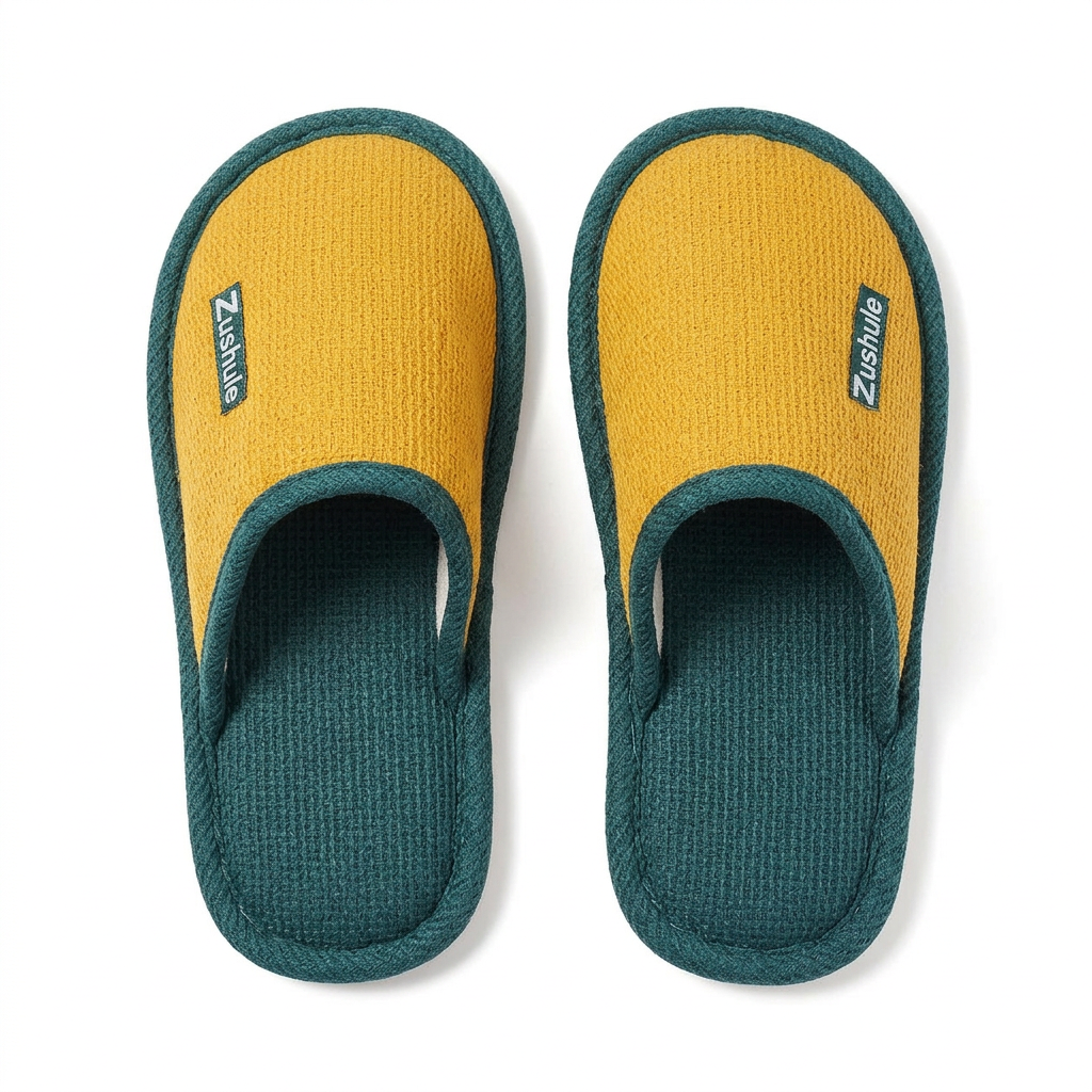 Mustard yellow and teal two-tone knit mule bedroom slippers