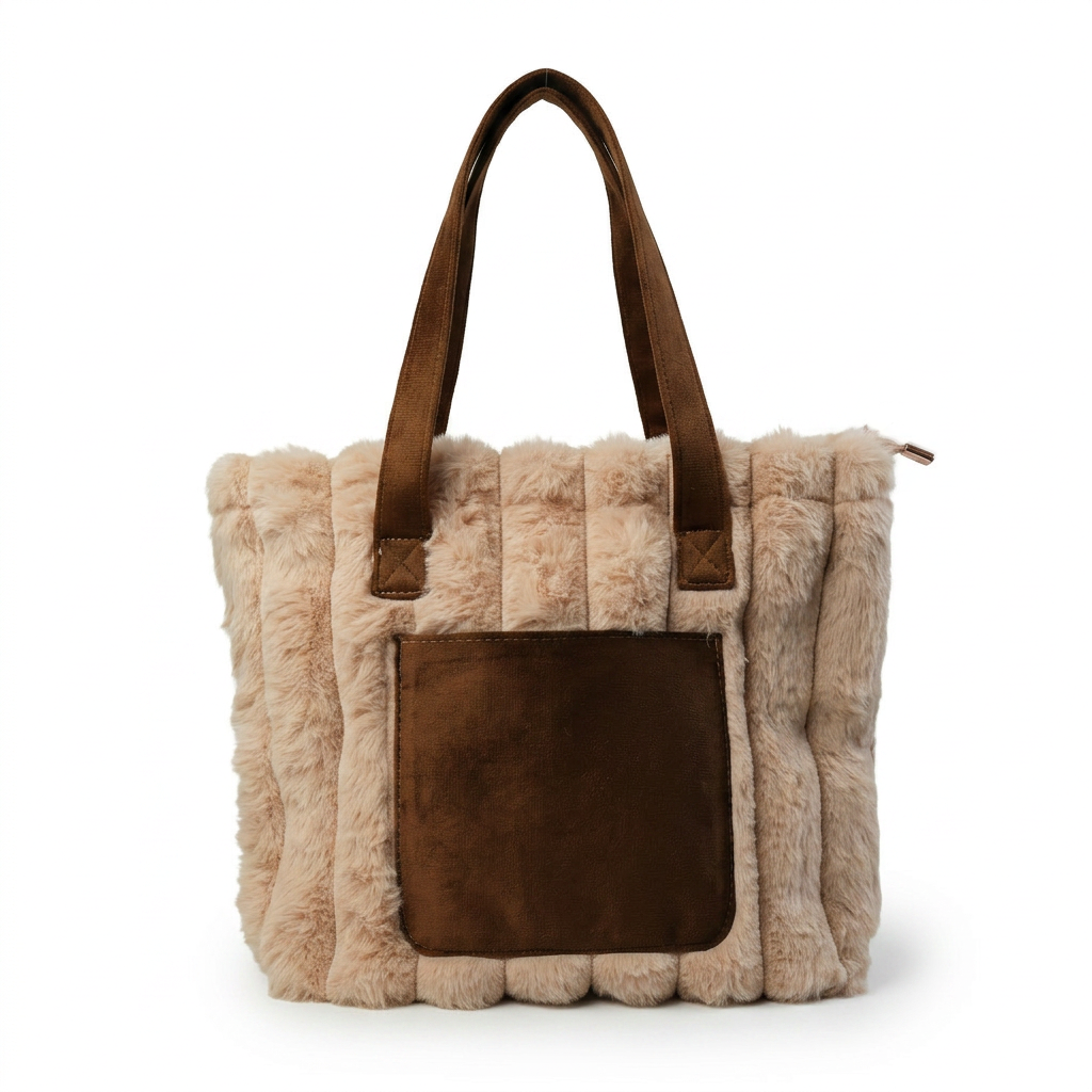 Cream faux fur tote with brown suede handles and front pocket