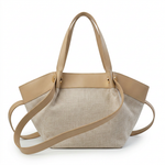 Cream linen tote with tan leather trim and crossbody strap
